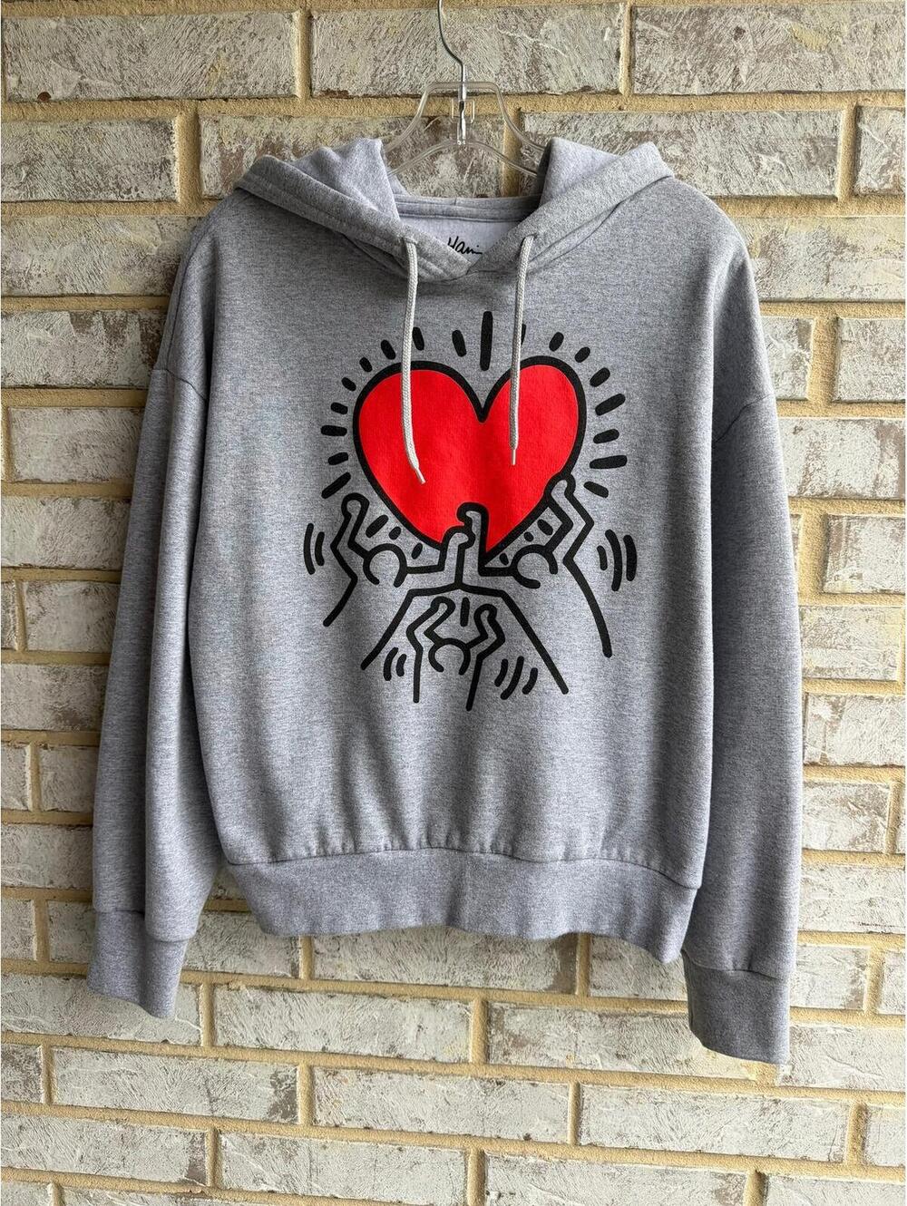 Isaac Morris Keith Haring Long Sleeve Hooded Gray Graphic Sweatshirt Size M